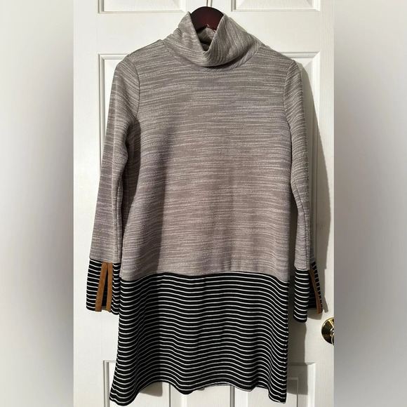 THML Dresses & Skirts - THML Anthropologie Cowl Neck Stripe Gray Black Dress Stretch Faux Suede Trim XS
